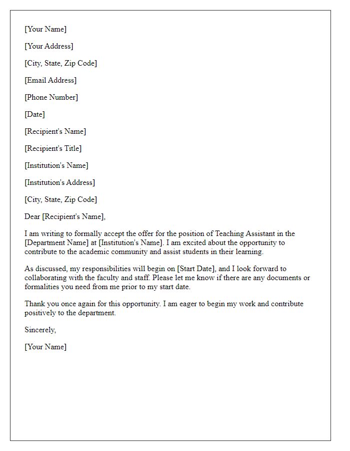 Letter template of formal acceptance of teaching assistant offer