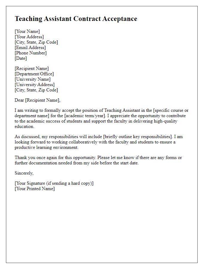 Letter template of teaching assistant contract acceptance