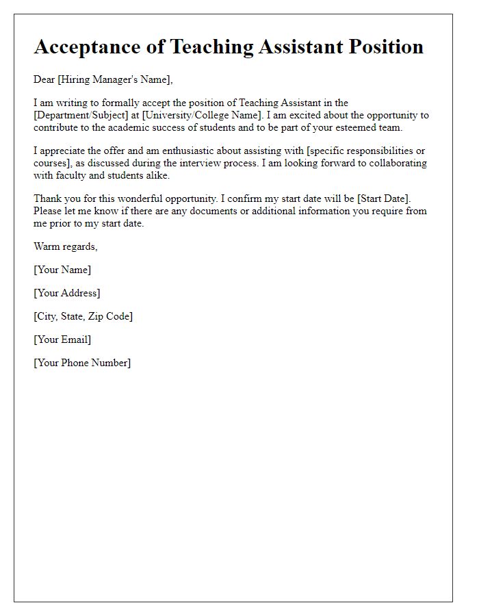 Letter template of teaching assistant position confirmation acceptance