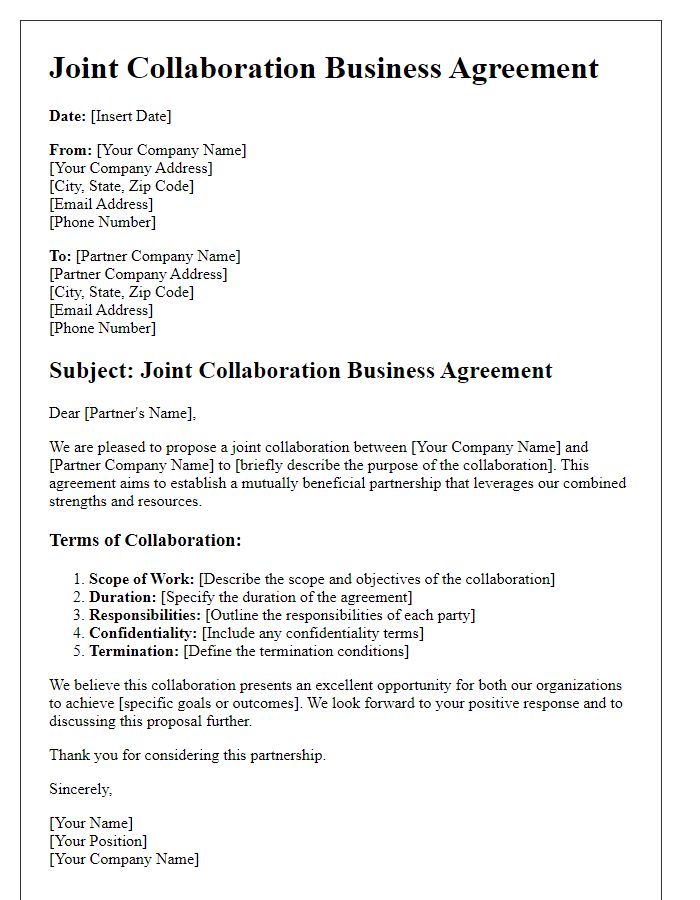 Letter template of Joint Collaboration Business Agreement