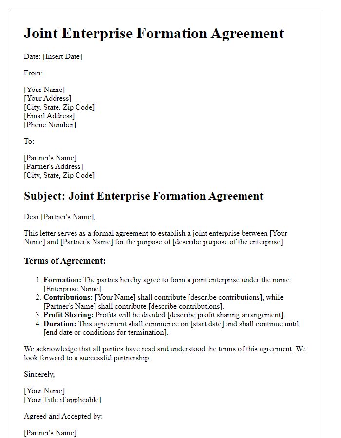 Letter template of Joint Enterprise Formation Agreement