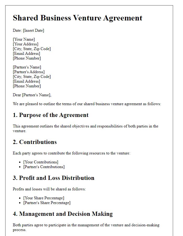 Letter template of Shared Business Venture Agreement