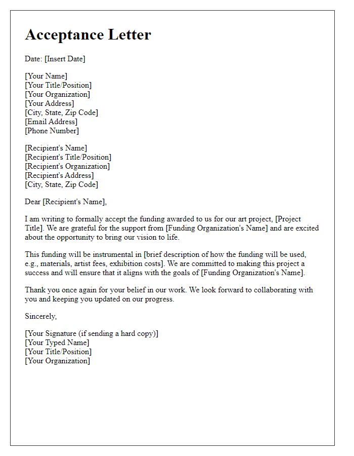 Letter template of acceptance for art project funding