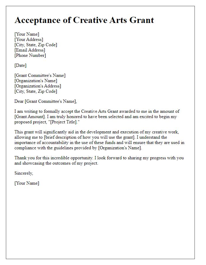 Letter template of acceptance for creative arts grant