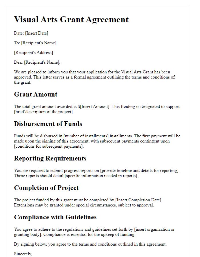 Letter template of agreement to visual arts grant terms