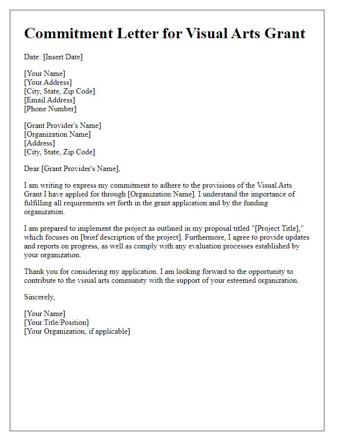 Letter template of commitment to visual arts grant provisions