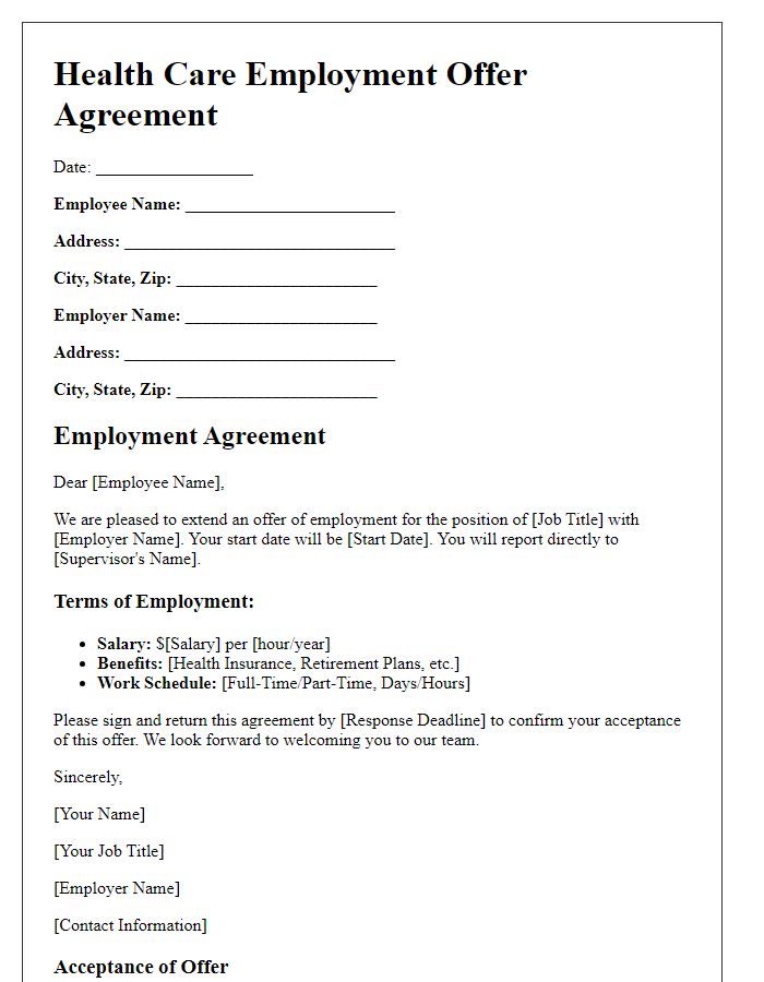 Letter template of agreement for health care employment offer