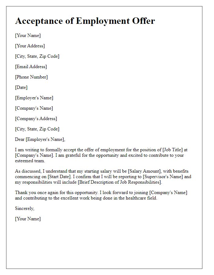 Letter template of formal acceptance for health care employment