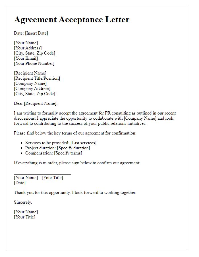 Letter template of agreement acceptance for PR consulting