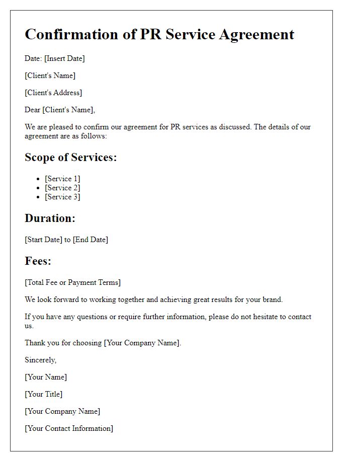 Letter template of confirmation for PR service agreement