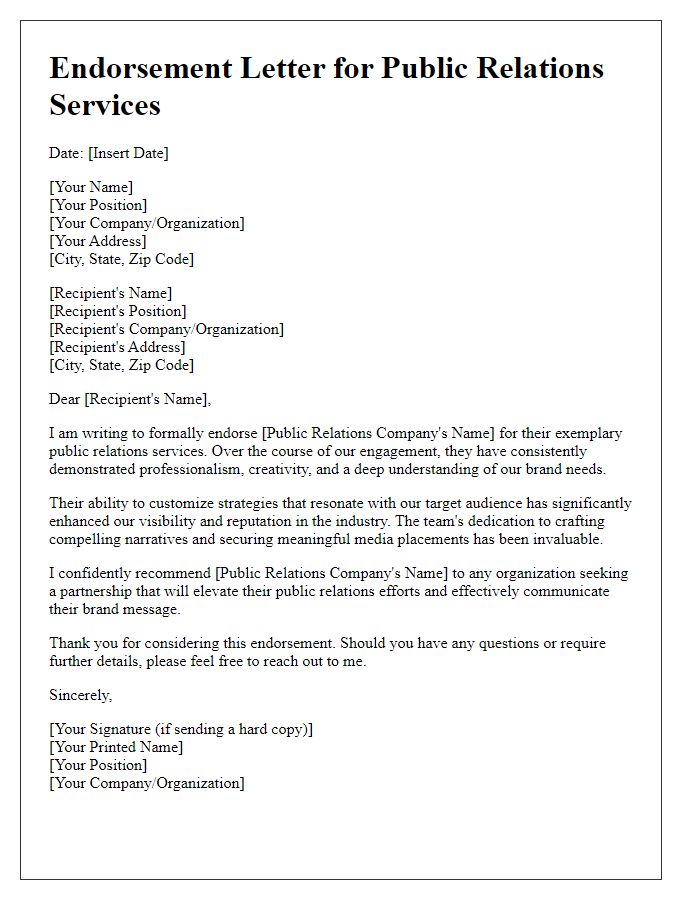 Letter template of endorsement for public relations services