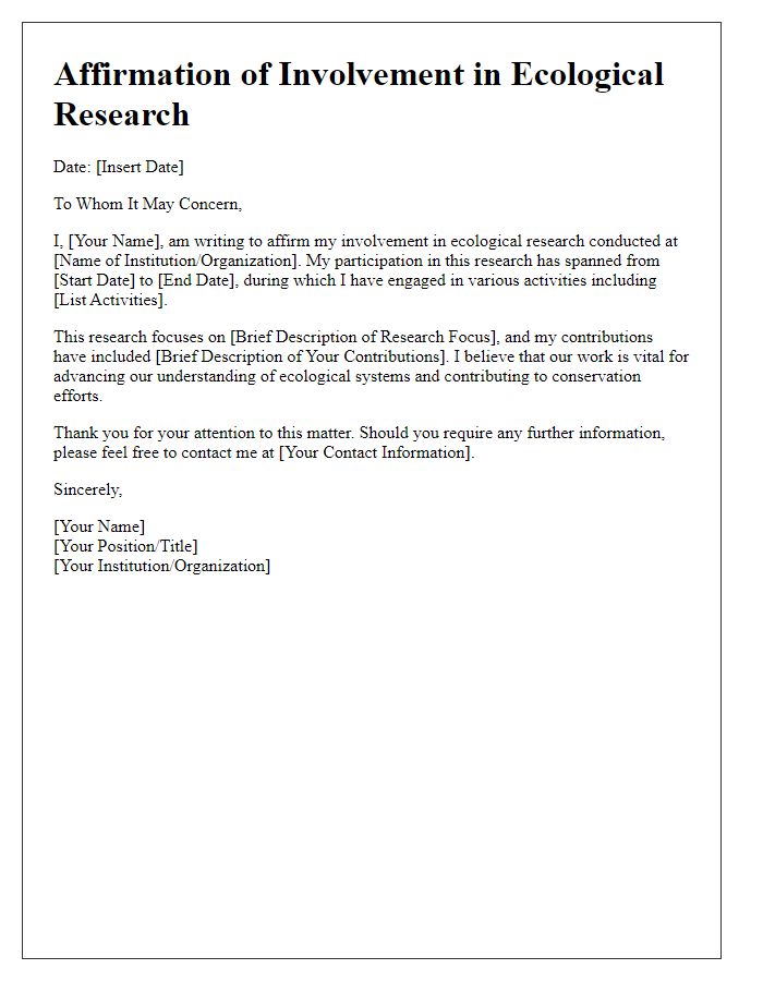 Letter template of affirmation for involvement in ecological research