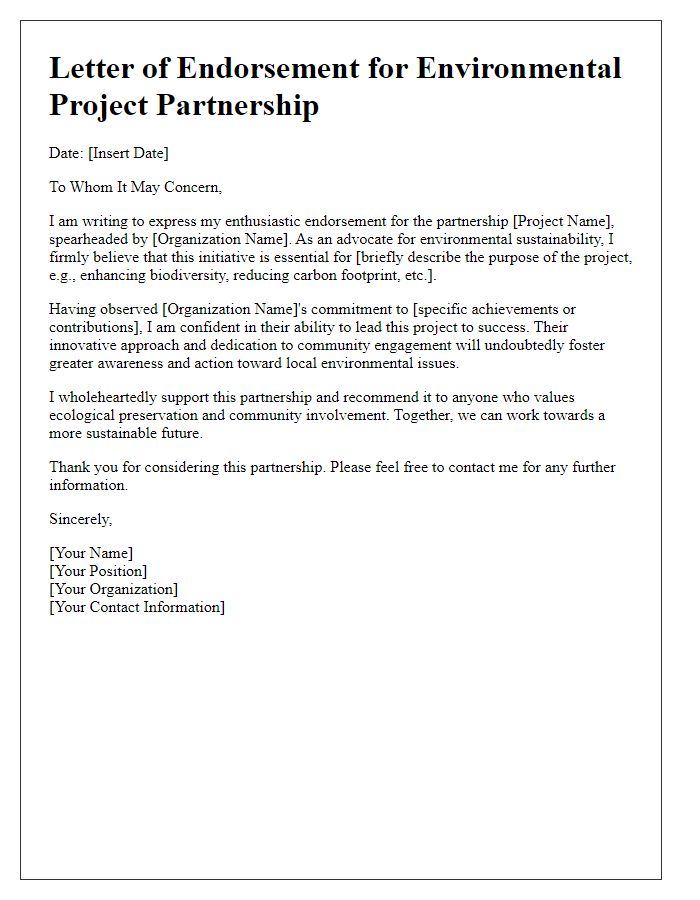 Letter template of endorsement for environmental project partnership