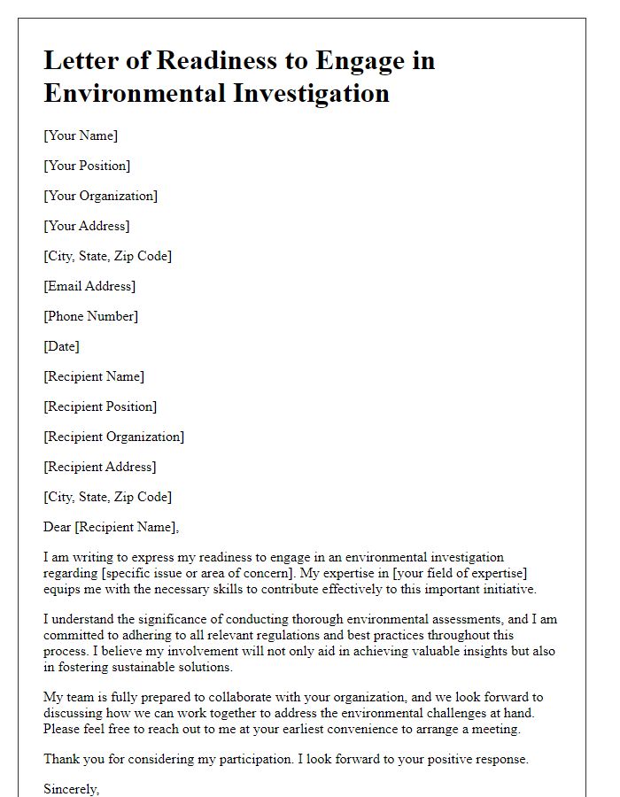 Letter template of readiness to engage in environmental investigation