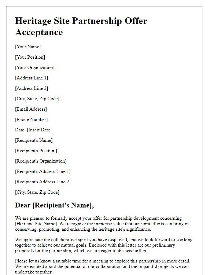 Letter template of heritage site offer acceptance for partnership development