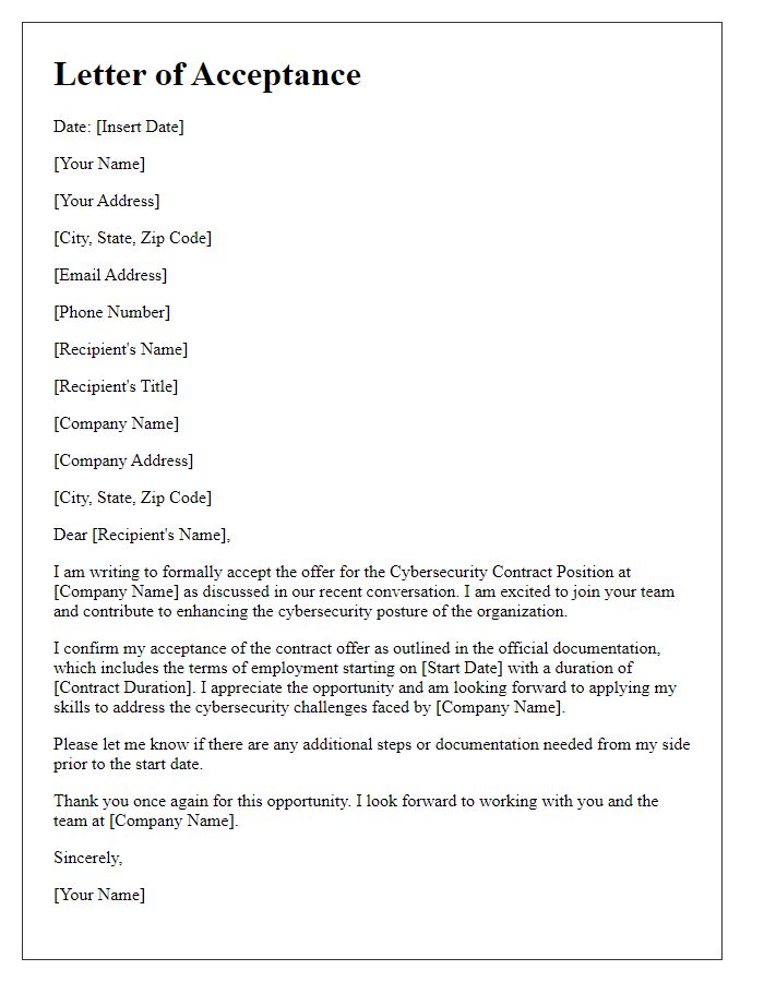 Letter template of cybersecurity role acceptance for contract position