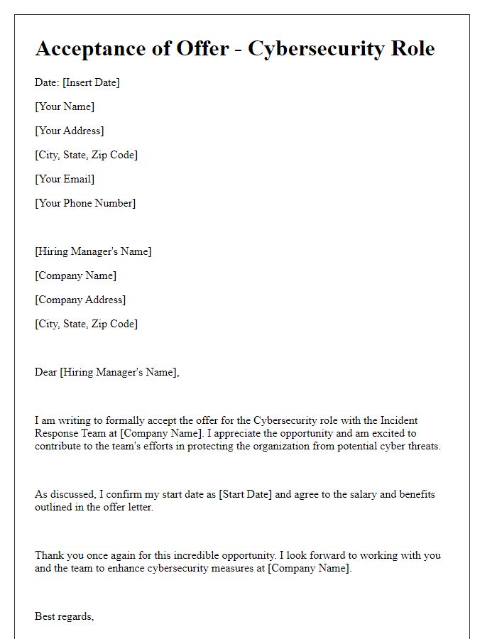 Letter template of cybersecurity role acceptance for incident response team
