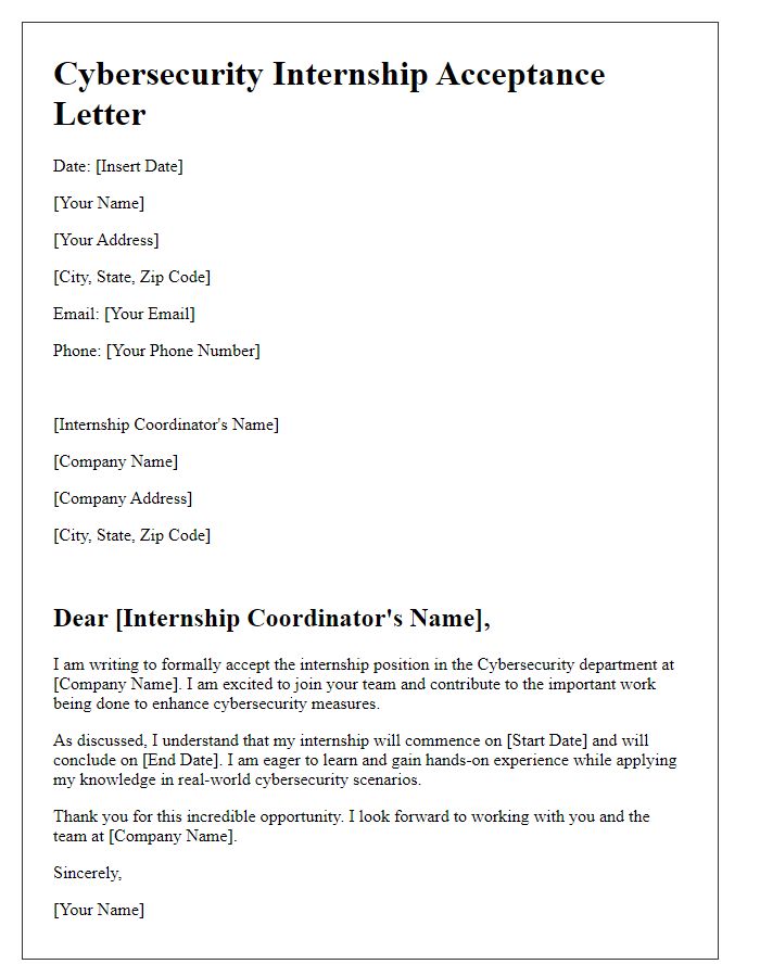 Letter template of cybersecurity role acceptance for internship program