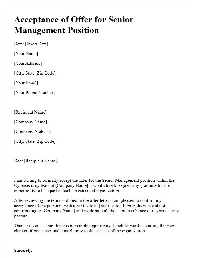 Letter template of cybersecurity role acceptance for senior management position