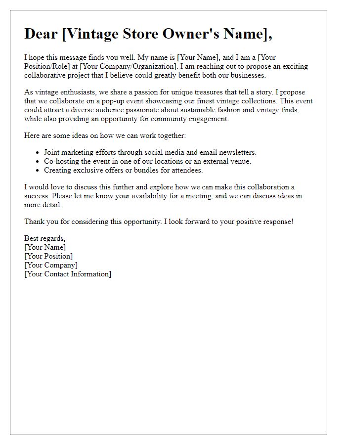 Letter template of collaborative project suggestion for vintage store owners