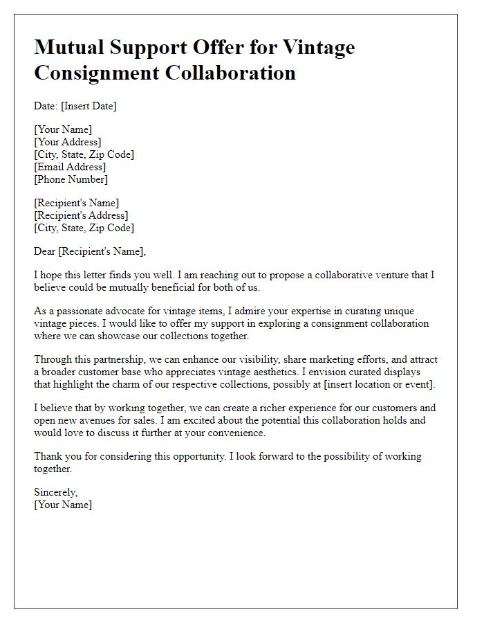 Letter template of mutual support offer for vintage consignment collaboration