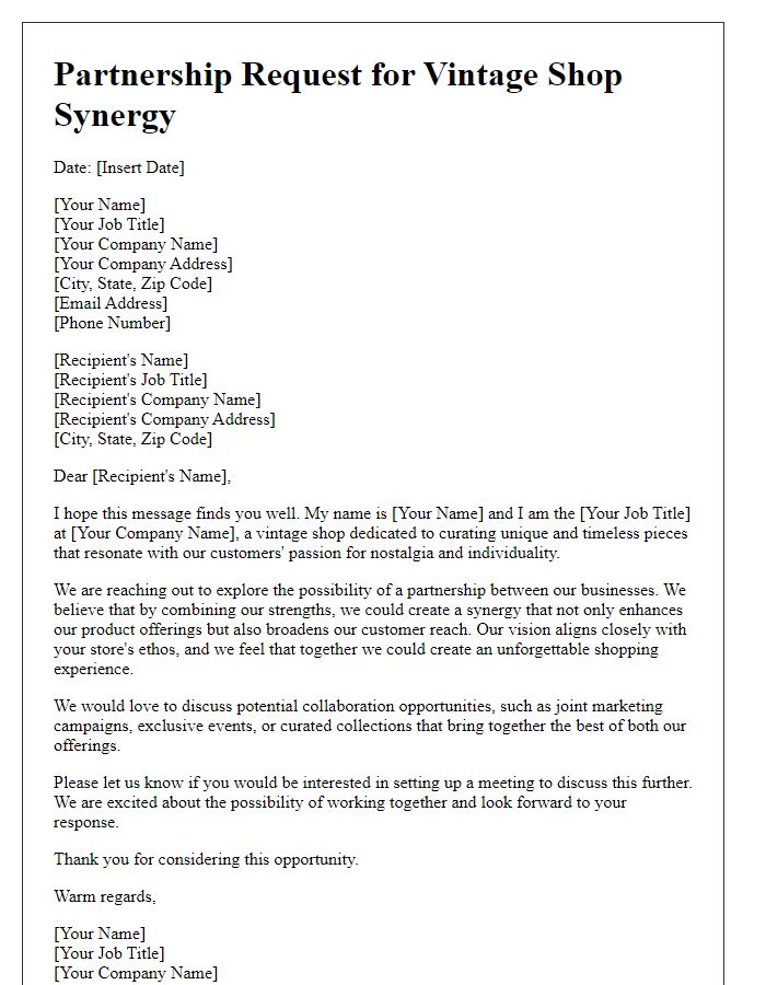 Letter template of partnership request for vintage shop synergy