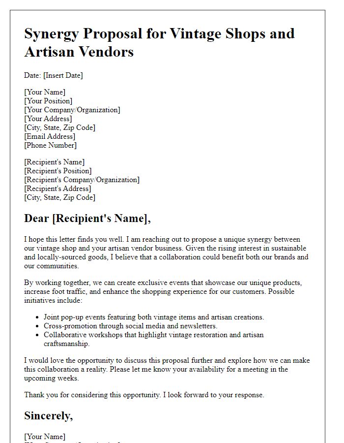 Letter template of synergy proposal for vintage shops and artisan vendors