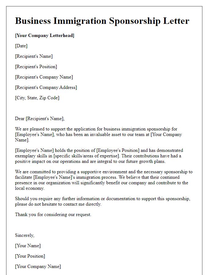 Letter template of business immigration sponsorship letter