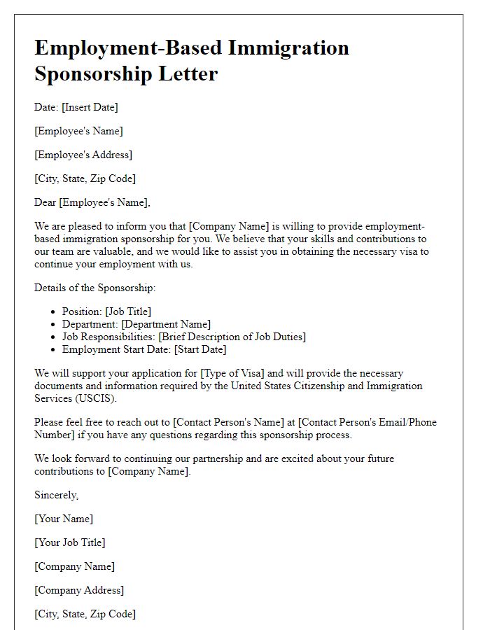 Letter template of employment-based immigration sponsorship letter