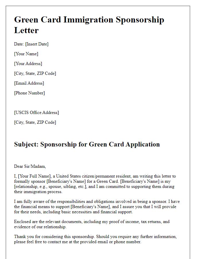 Letter template of green card immigration sponsorship letter