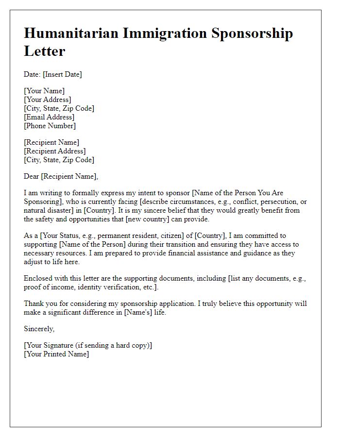 Letter template of humanitarian immigration sponsorship letter