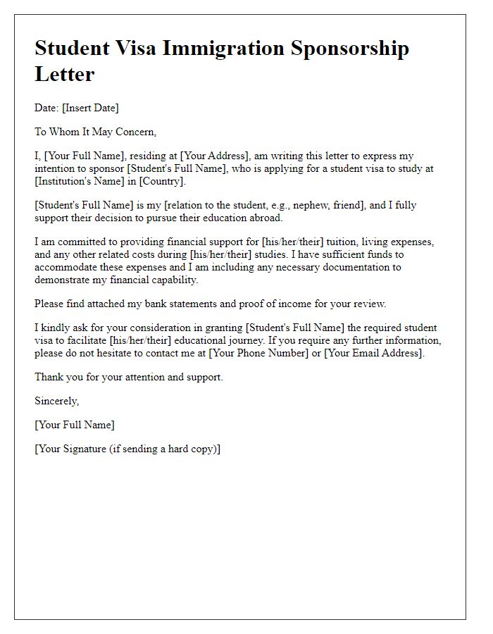 Letter template of student visa immigration sponsorship letter