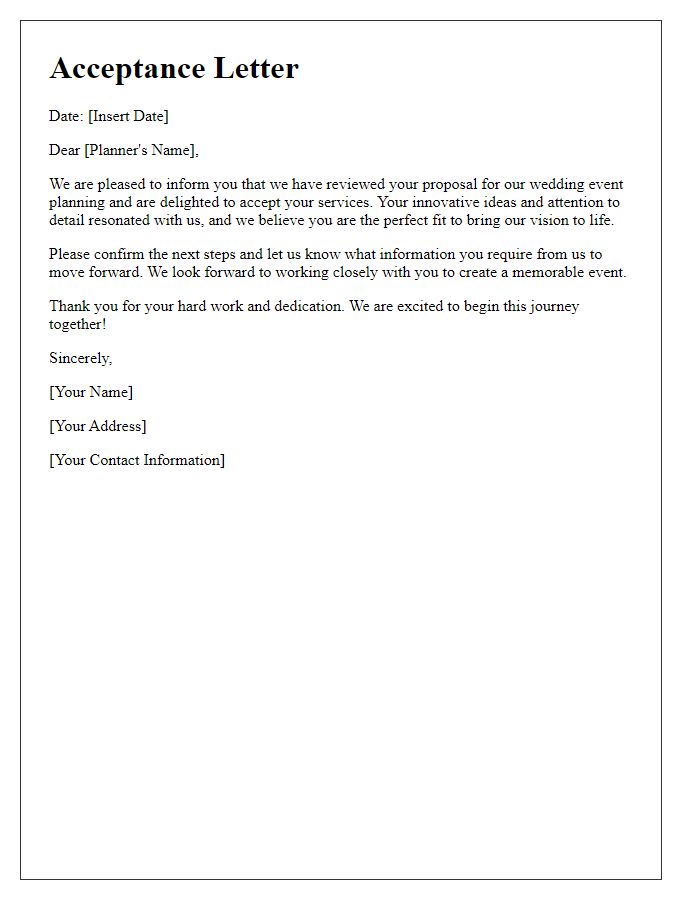 Letter template of acceptance for wedding event planning proposal