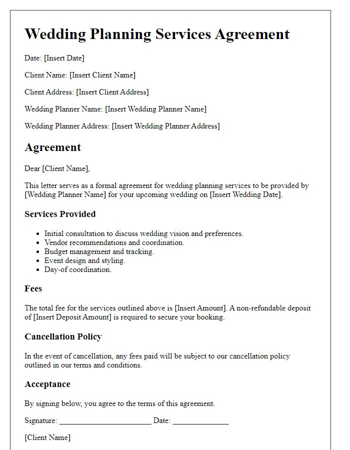 Letter template of agreement to wedding planning services