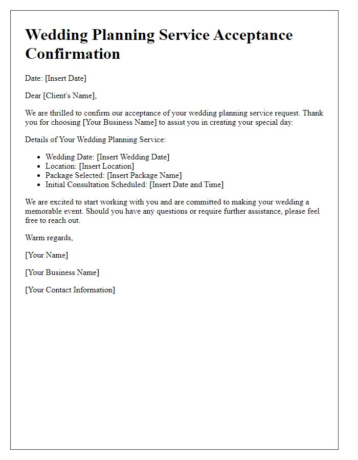 Letter template of confirmation for wedding planning service acceptance