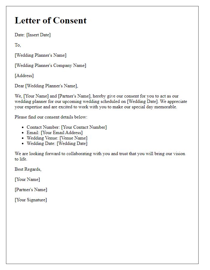 Letter template of consent for wedding planner engagement