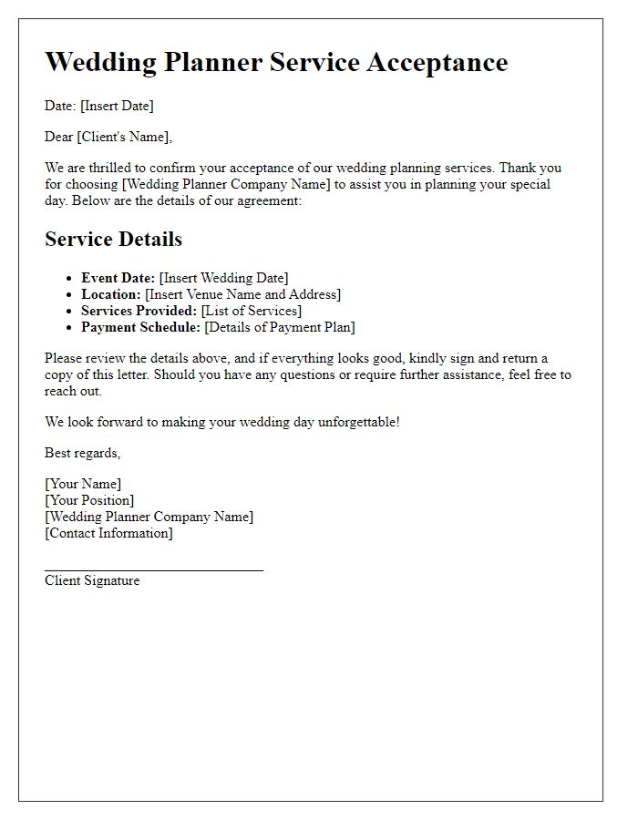 Letter template of finalized wedding planner service acceptance