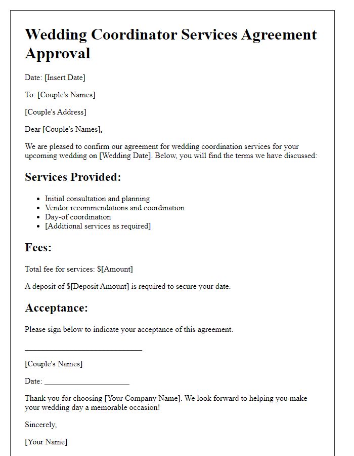 Letter template of wedding coordinator services agreement approval