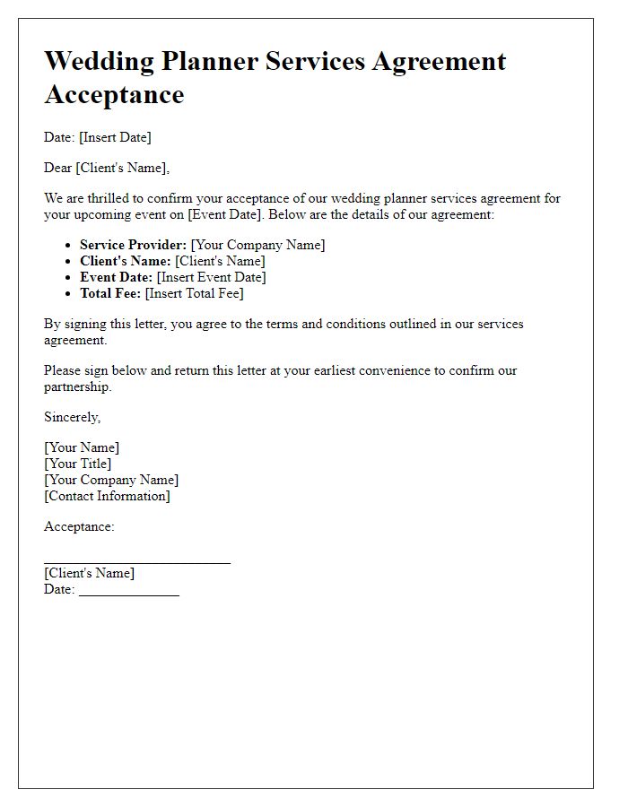 Letter template of wedding planner services agreement acceptance