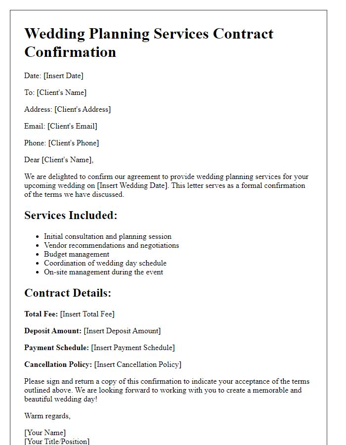 Letter template of wedding planning services contract confirmation