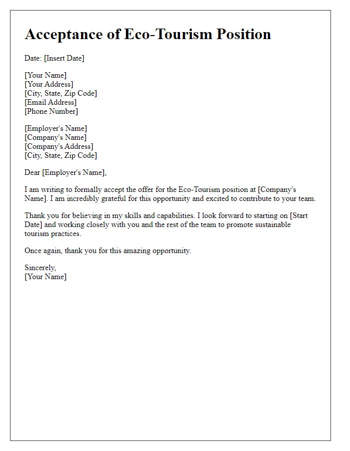 Letter template of acceptance for eco-tourism position with gratitude.