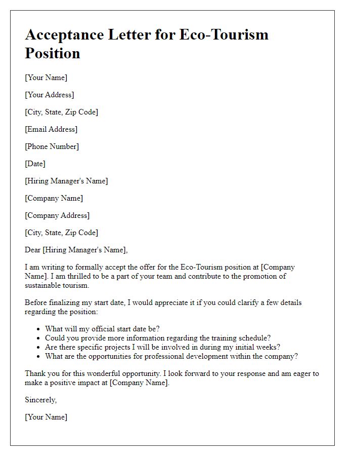 Letter template of acceptance with inquiries for eco-tourism position.