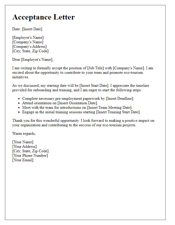 Letter template of acceptance with timeline for eco-tourism position.