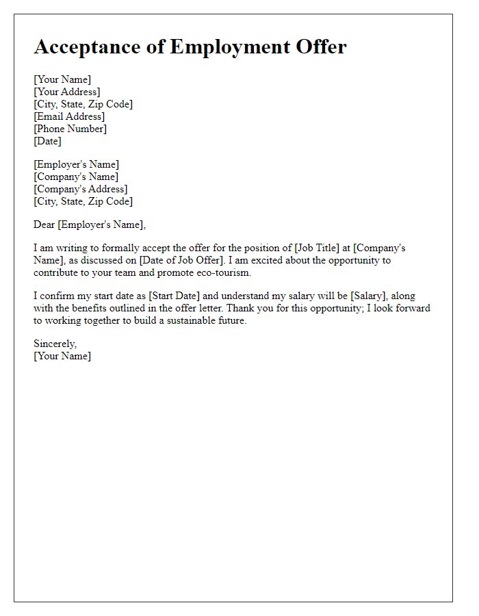 Letter template of concise acceptance for eco-tourism employment.