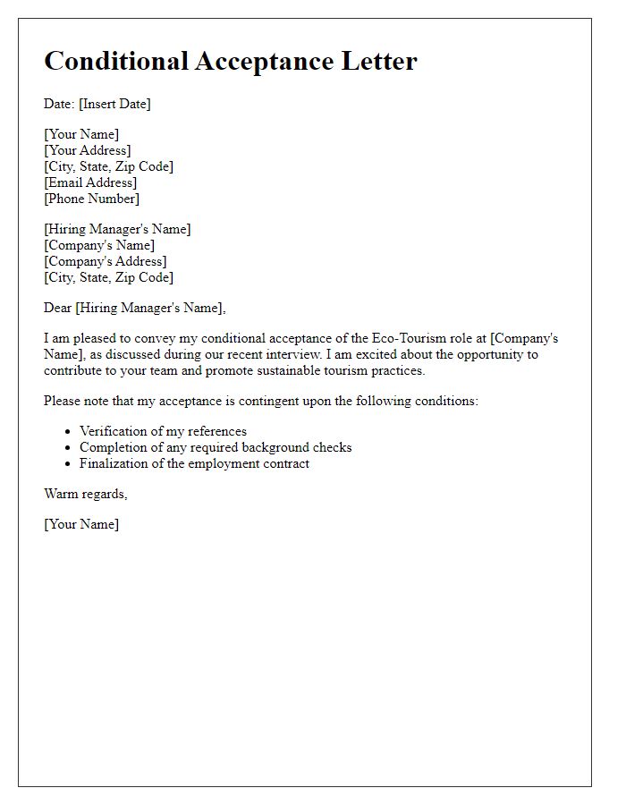 Letter template of conditional acceptance for eco-tourism role.