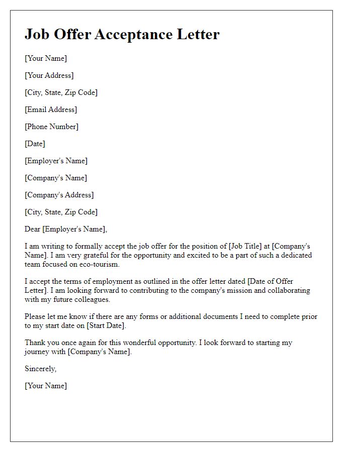 Letter template of formal acceptance for eco-tourism job offer.