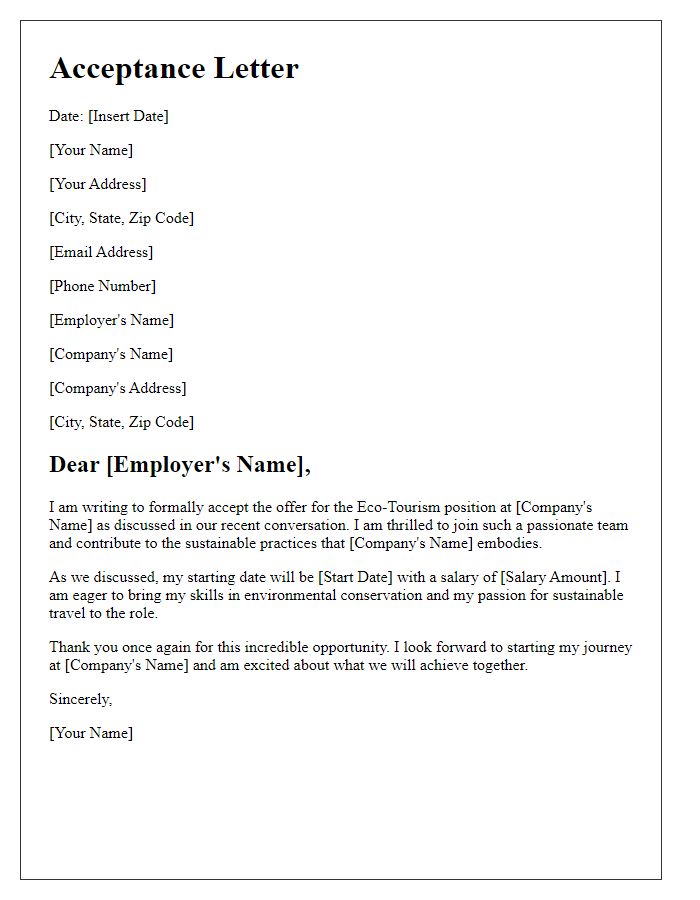 Letter template of personal acceptance for eco-tourism career opportunity.