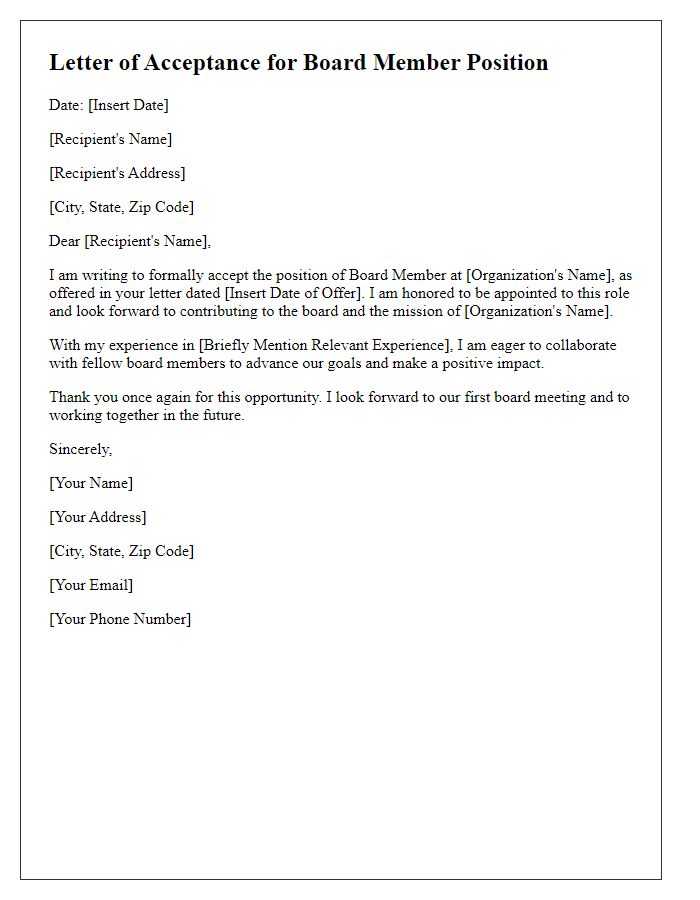 Letter template of acceptance for board member position