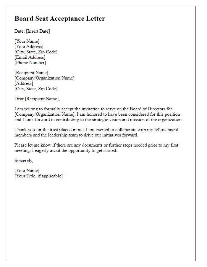 Letter template of acceptance for board seat