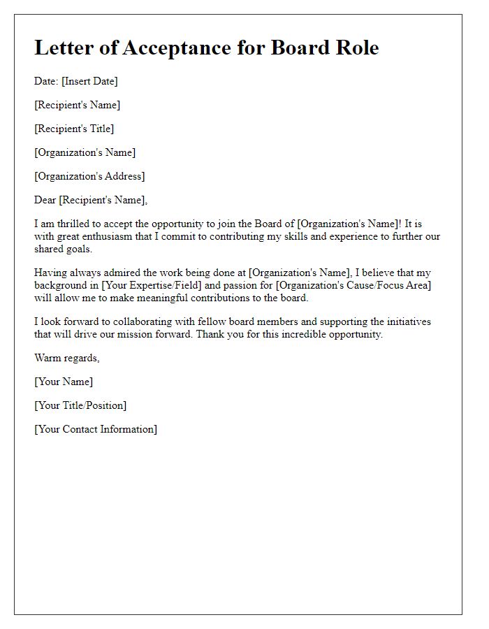 Letter template of enthusiastic acceptance for board role